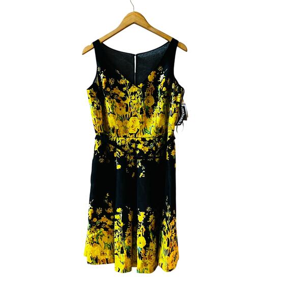 Danny & Nicole Floral Print Belted Sleeveless Dress Size 10 NWT Black Yellow - Picture 6 of 6